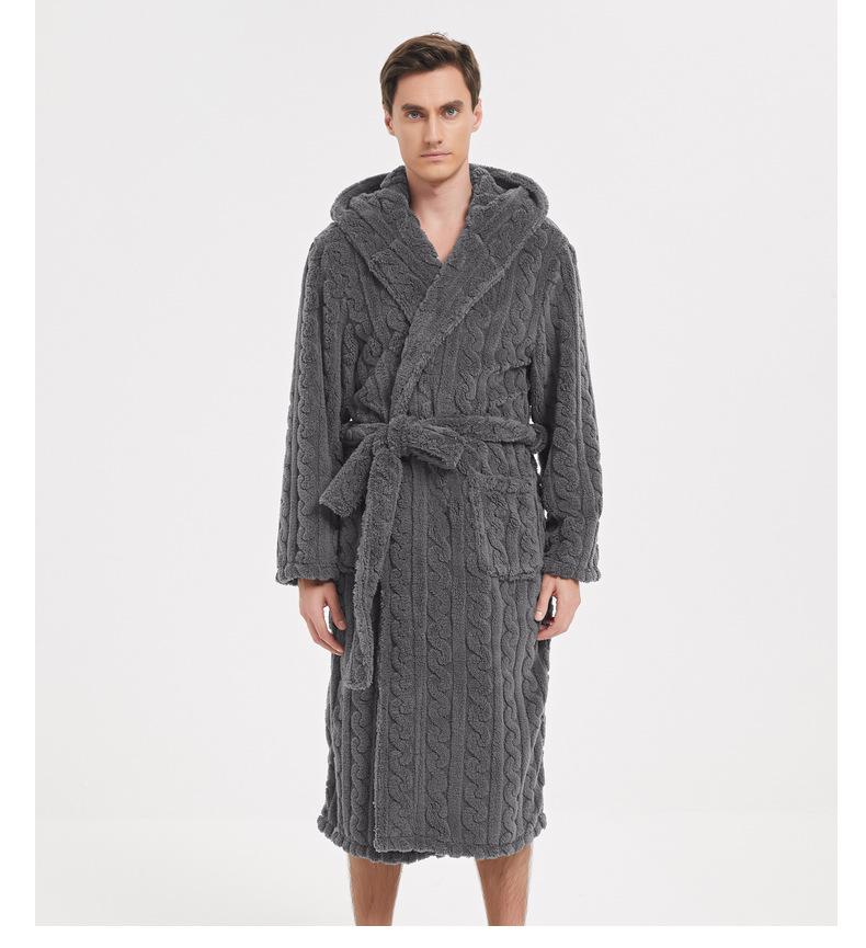 Large Cotton Velvet Jacquard Hooded Men's Nightgown - European & American Style, Thickened for Autumn/Winter, Unisex.