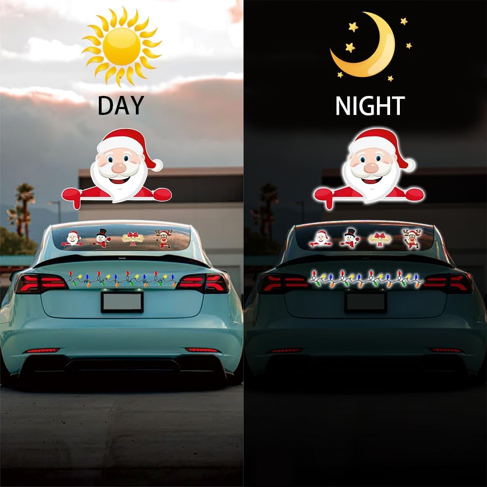 Christmas Peeking Reflective Car Decals Santa Claus Reindeer Snowman Funny Car Stickers For Auto,SUV,Truck, Refrigerator Window Indoor And Outdoor