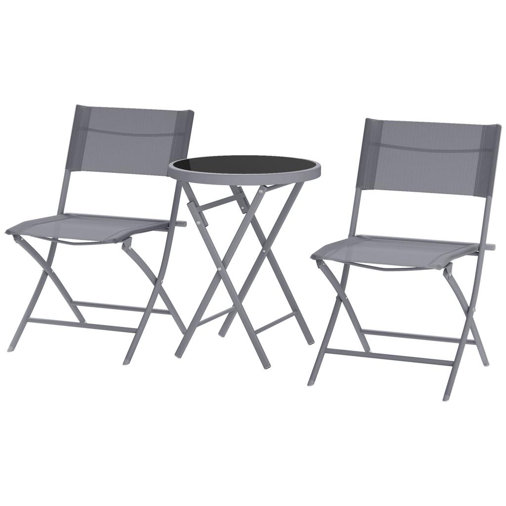 3 Pieces Outdoor Bistro Set Glass Top Outdoor Table And 2 Folding Chairs With Protecting Feet Grey