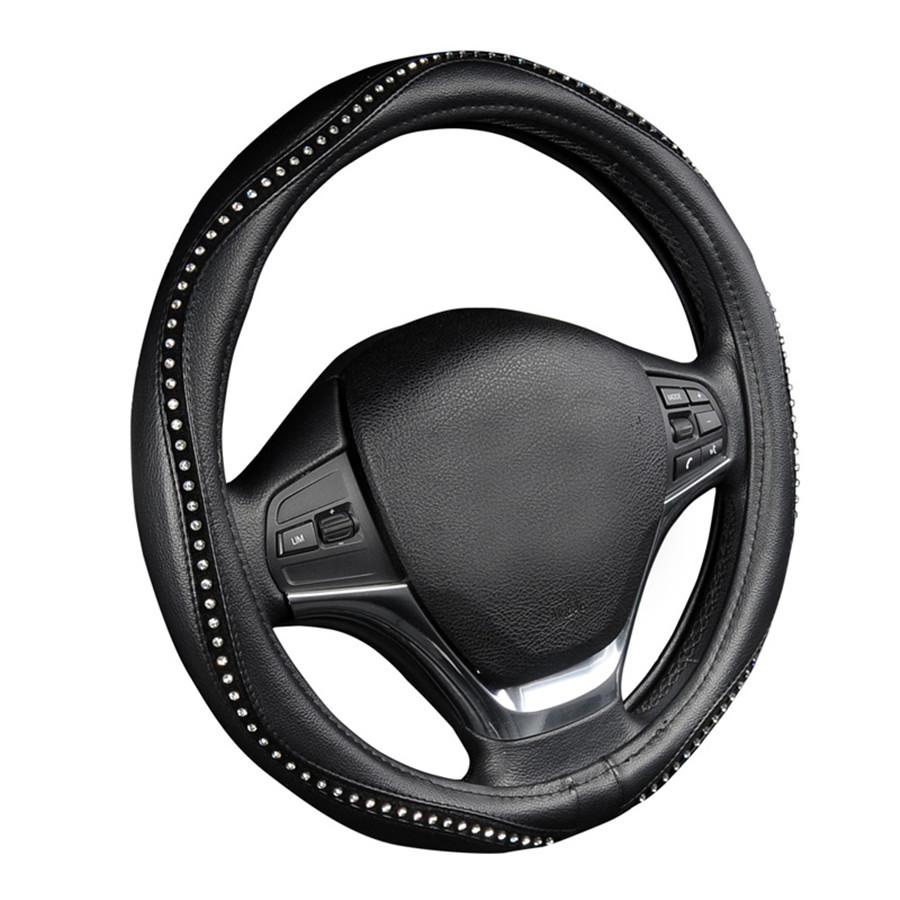 Car Styling Steering Wheel Cover Anti-Slip Pu Leather W/Crystal Rhinestone 38Cm