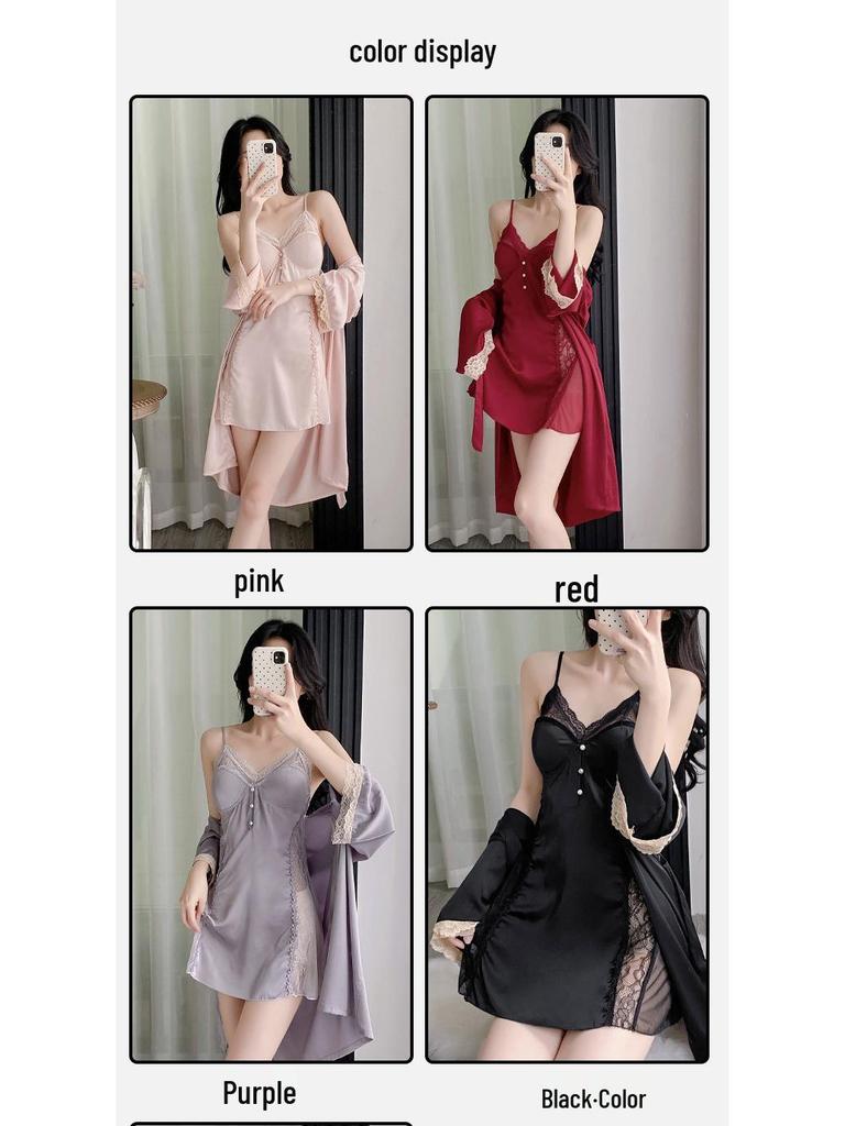 2025 Women's Summer Ice Silk Lace Camisole Pajamas - Breathable, Sexy, French-Style Nightdress for Home