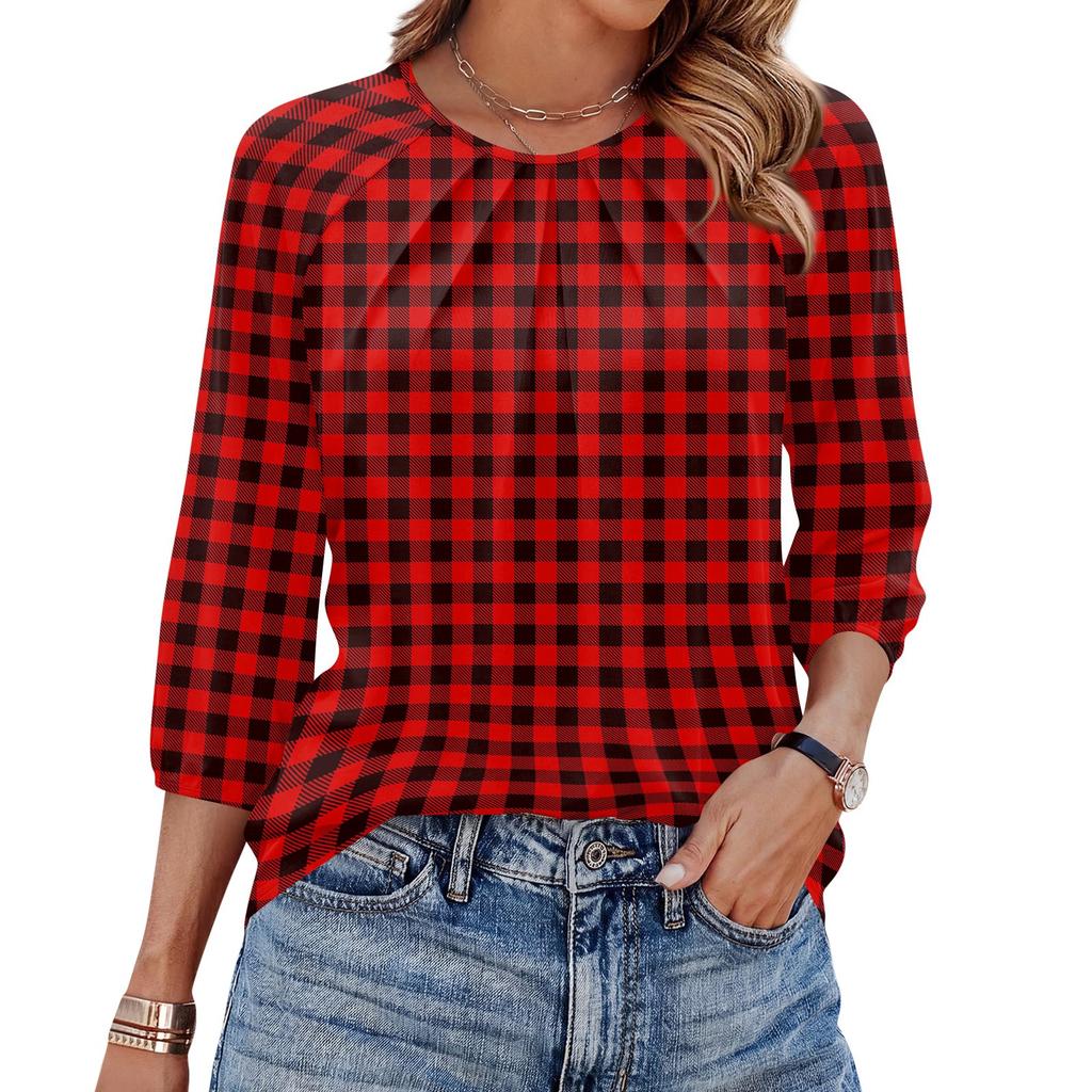 Women Geometric Print 3/4 Sleeve Round Neck Pleated Casual Loose Fit T-Shirt Top for Daily Wear