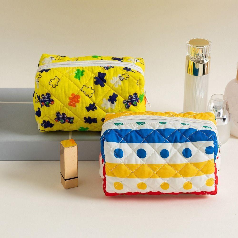 Portable Quilted Cotton Cosmetic Bag Flower Printed Large Capacity Makeup Bag Travel Organizer Washbag