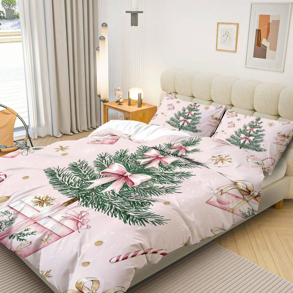 [Christmas Duvet Cover Set] 3Pcs Christmas Tree & Candy Cane Duvet Cover Set - Pink Bow, Golden Snowflake Design, Polyester