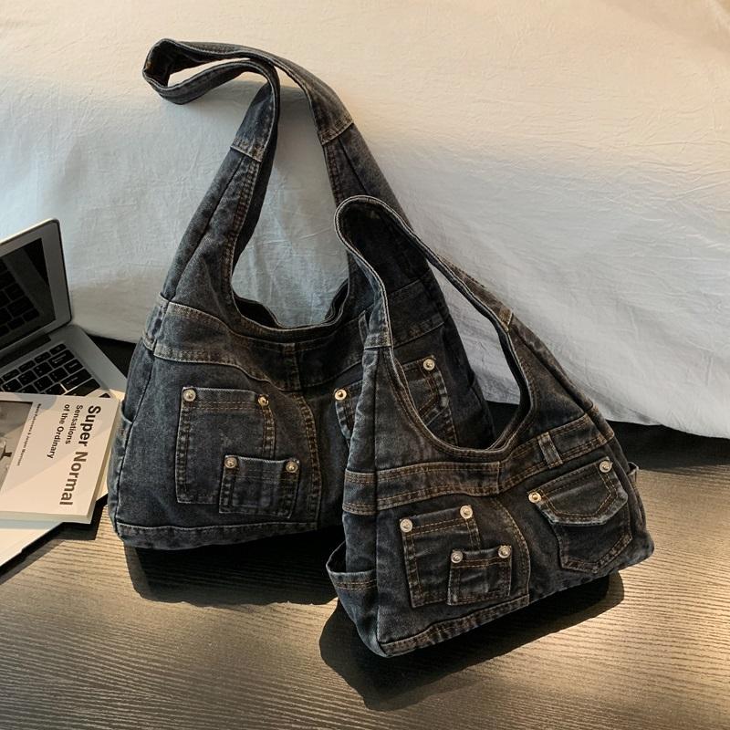 Washed Denim Slouchy Hobo Bag with Multiple Front Pockets Casual Large Capacity Shoulder Purse for Women Daily Travel