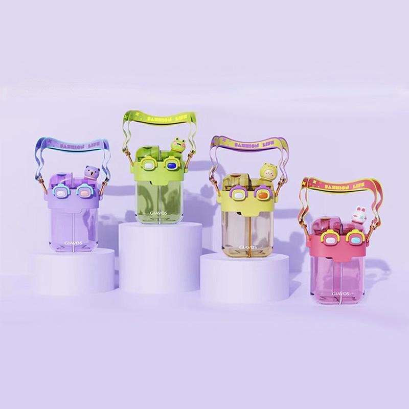 Large Capacity Plastic Cup With Double Drink Compartments Stylish And Cute Cartoon Design