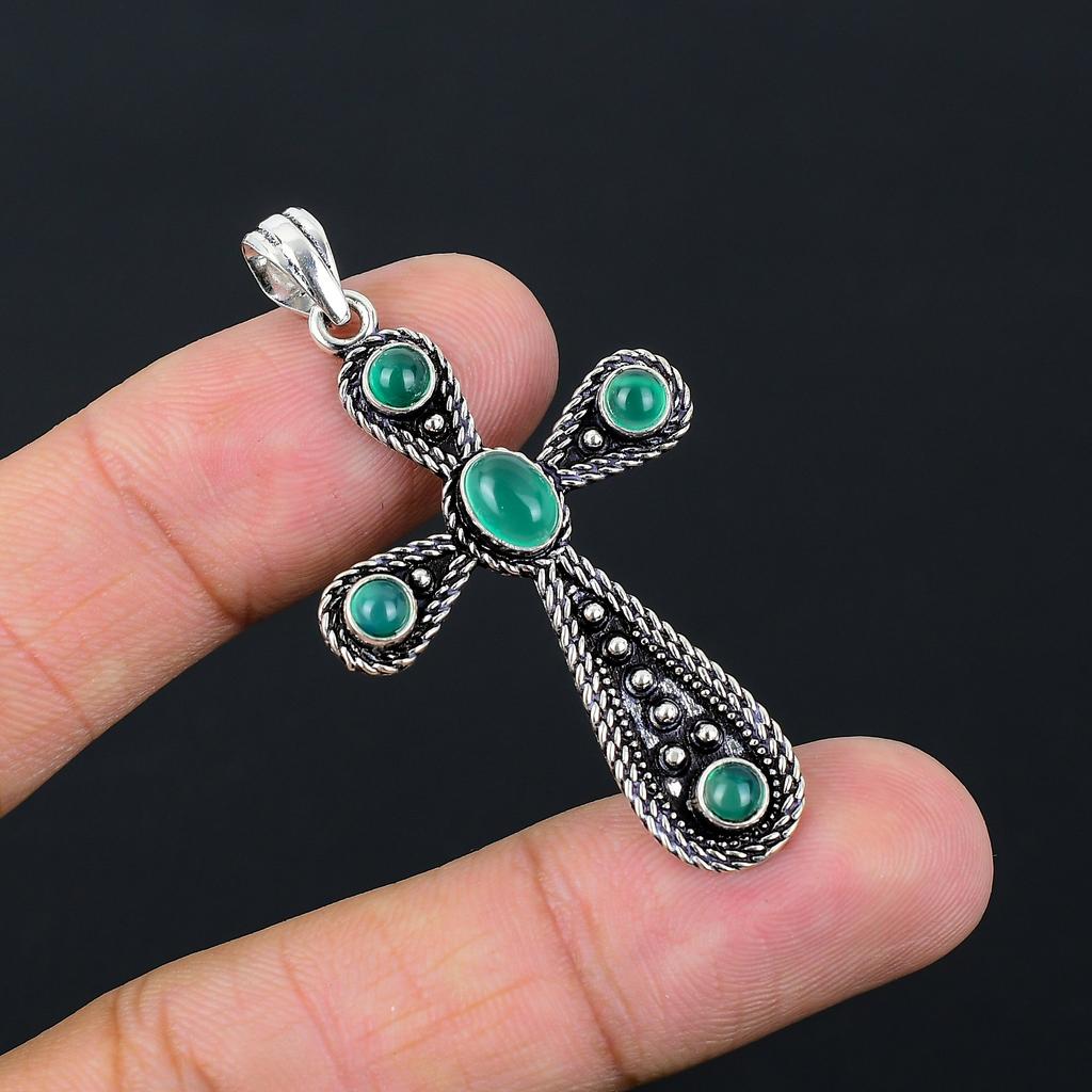 Green Onyx Gemstone Handmade 925 Sterling Silver Gift Cross Pendant 2.10" g2d66
