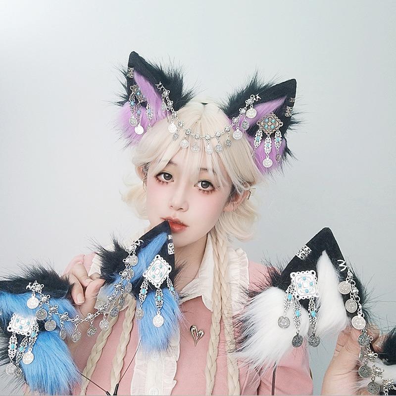 Tibetan Hair Accessories Exotic Wolf Ears Beast Ears Headband Bohemian Travel Photography Props Miaojiang Tassel Wolf Ears Wolf Tail Set