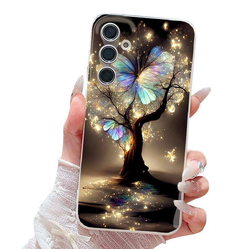 Glänzendes Fantasy Baum Schmetterling Muster Hülle Für Samsung Galaxy S25 Edge S24 Ultra S23 S22 Plus S21 FE S26 Ultra Lederstruktur Silikonhülle