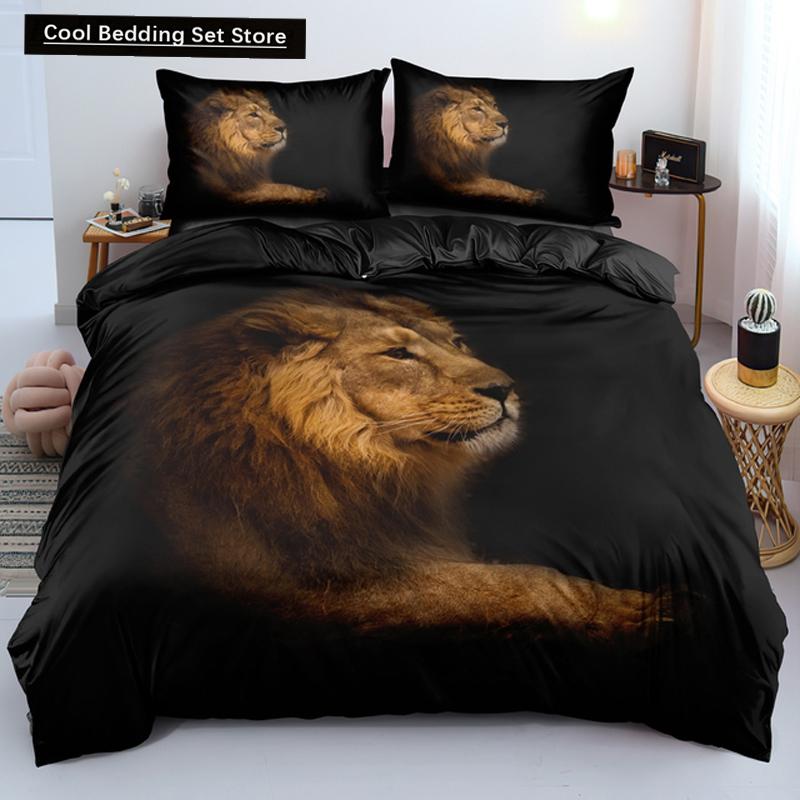 Comforter Lion Tiger King Queen Lovely Wild Animals Bedding Set For Kids Teens Adults Wildlife Grey Black 2/3Pcs