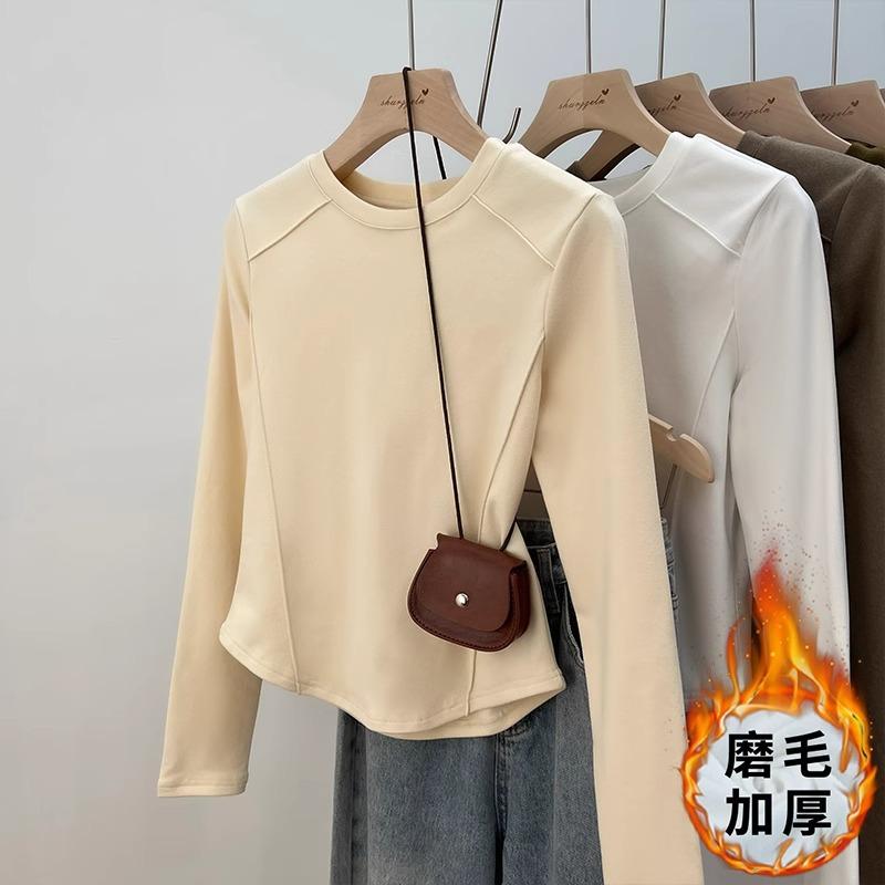 European autumn and winter polished thickened bottoming shirt women's long-sleeved inner shoulder T-shirt women's slim design thin velvet top