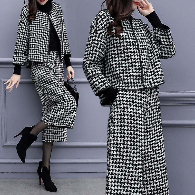 Completo Pantaloni Larghi Coreani Moda Autunno Inverno Tempo Libero Manica Sette Punti Cappotto di Lana Giacca a Quadri Outfit Donna
