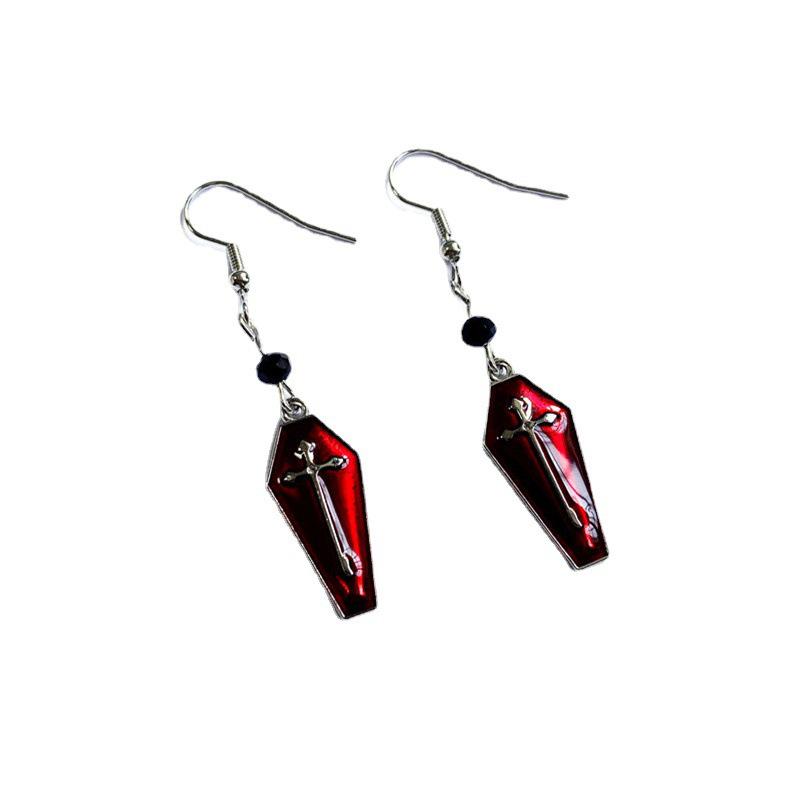 European Retro Vampire Cross Coffin Earrings with Red Drip Oil for Halloween
