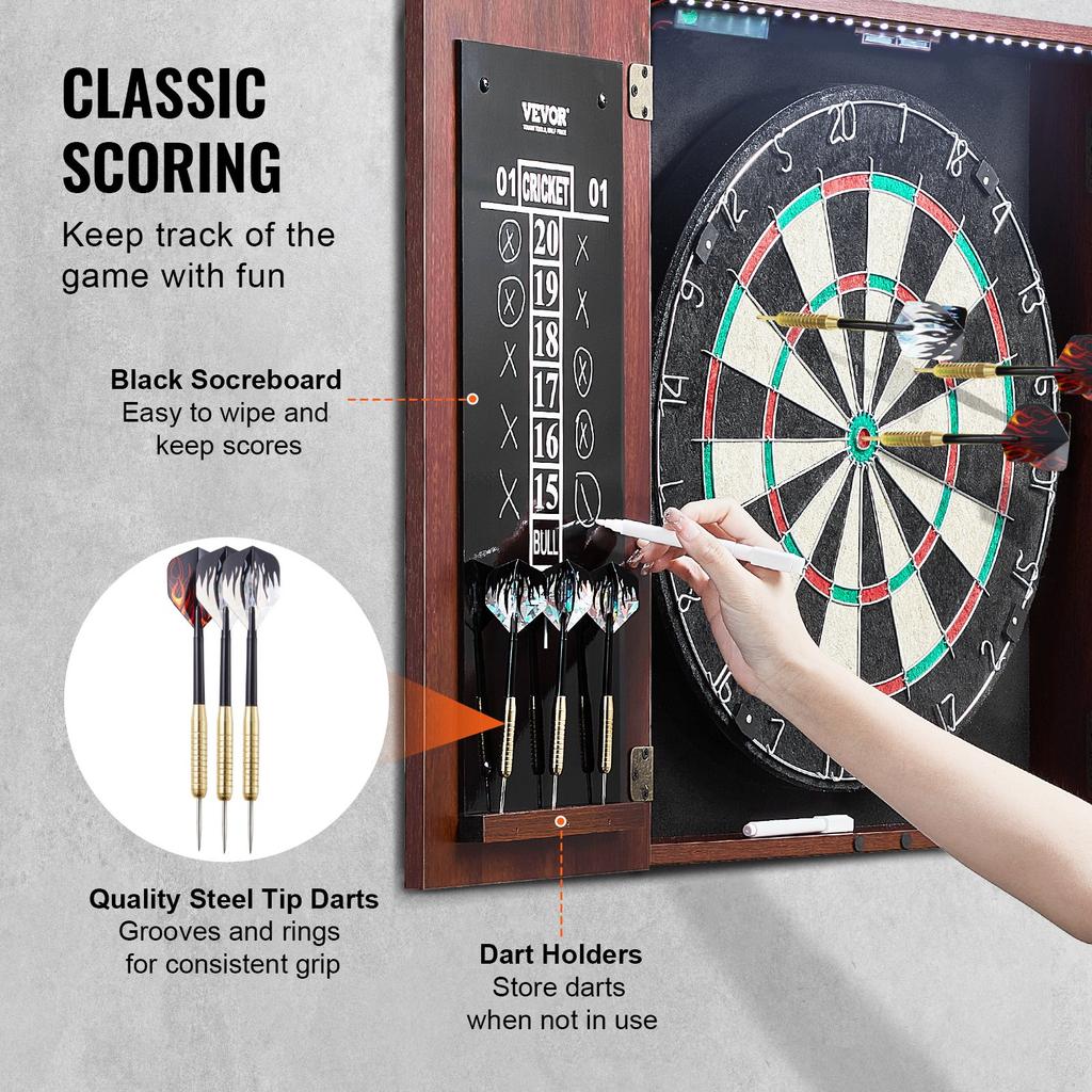 VEVOR Dartboard and Cabinet Set, Ready-to-Play Bundle Official Size Dartboard Cabinet, Steel Tip Dart Hideaway Cabinet, Features LED Light