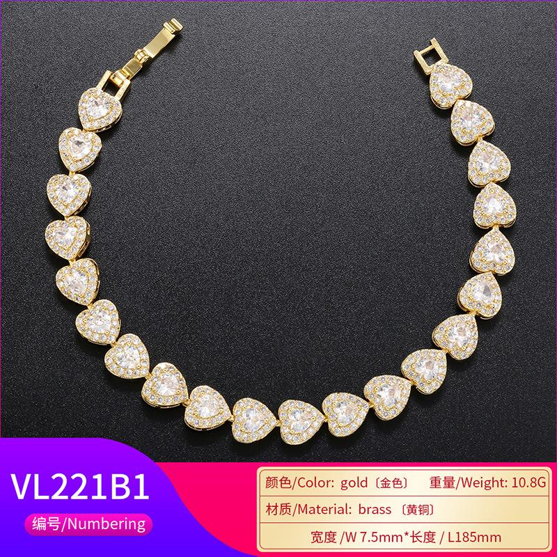 Bracelet Amour en Zircon Micro-Incrusté Bijoux en Forme de Cœur Laiton Plaqué Or Cœur Pêche Bracelet Vl221