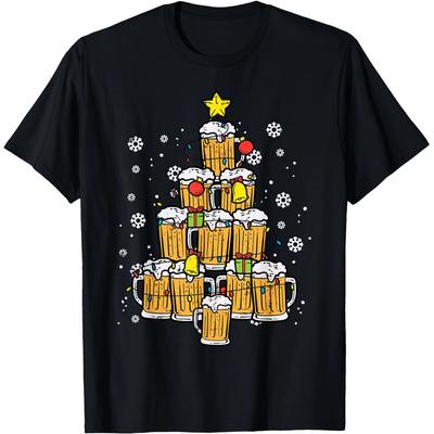 Funny Beer Christmas Tree Xmas Brew Dad Lights T Shirts Men Cotton Humor Streetwear Tee Short Sleeve Unisex Loose Clothing