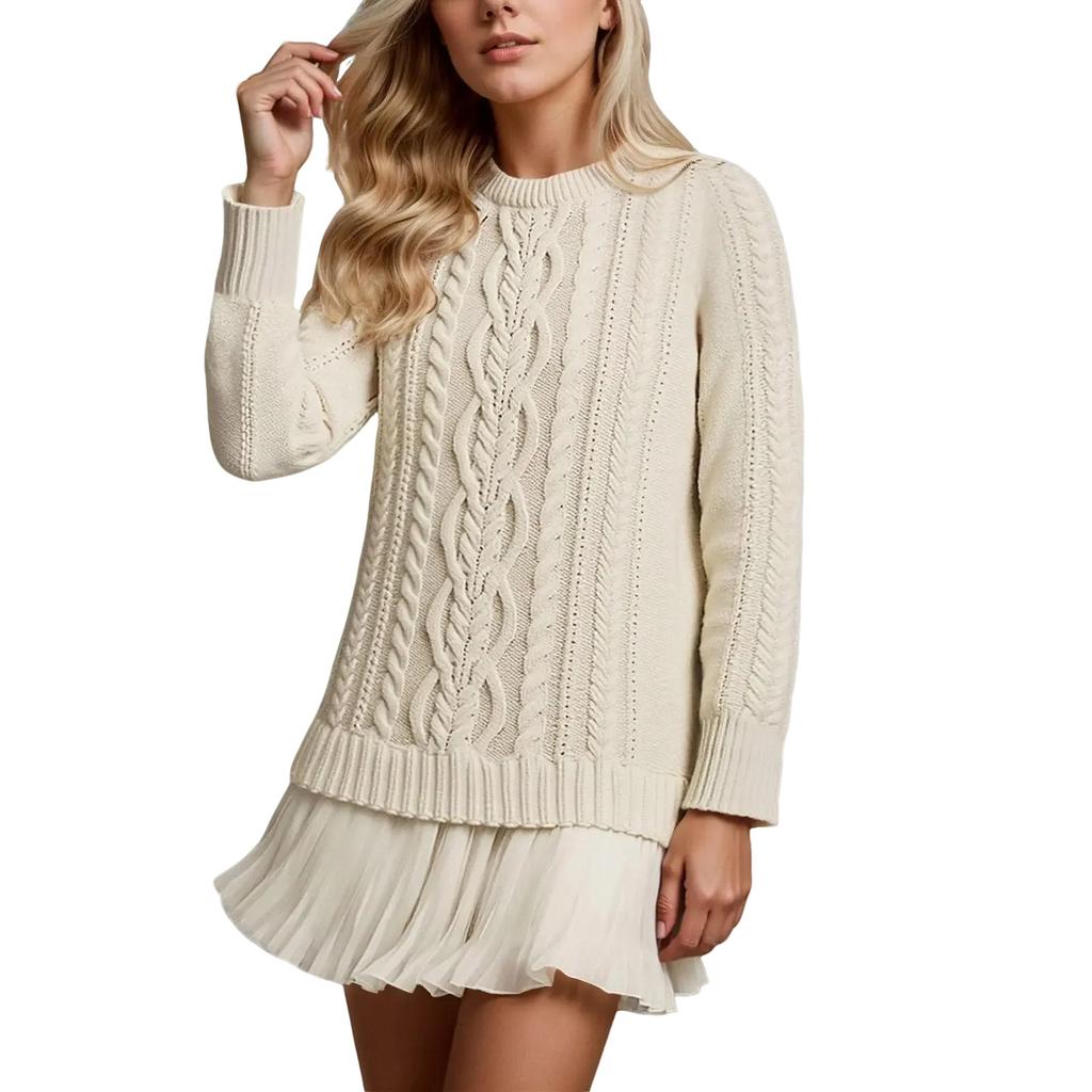 Women's Solid Round Neck  Dough Twists Knitting Chiffon Splicing Sweet Temperament Dress
