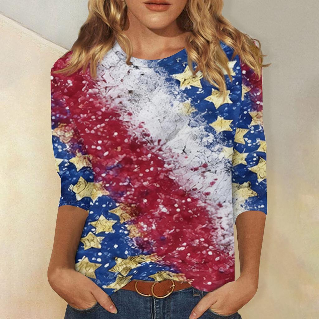 T-shirt Top Casual alla Moda da Donna con Stampa Bandiera Americana e Stelle per l'Indipendenza, Scollo, Manica a Tre Quarti