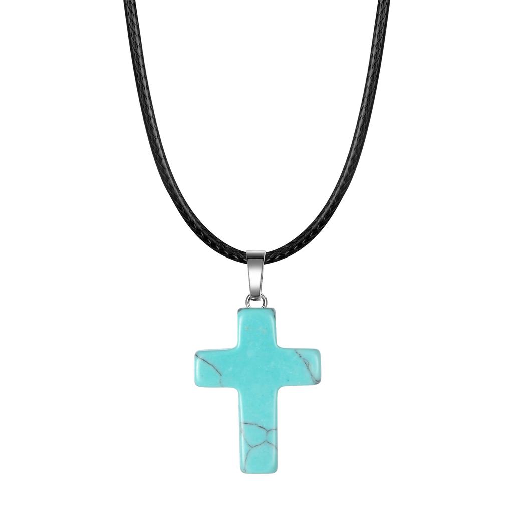 Natural Stone Cross Pendant Necklace Women Men 18inch Black Leather Cord Custom Crystal Choker Chakra Jewelry Findings