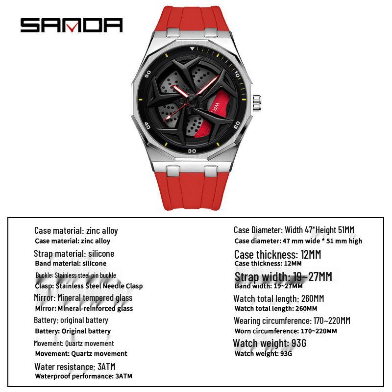 SANDA Men's Waterproof Luminous Polygonal Quartz Watch with 3D Rotating Dial and Silicone Band