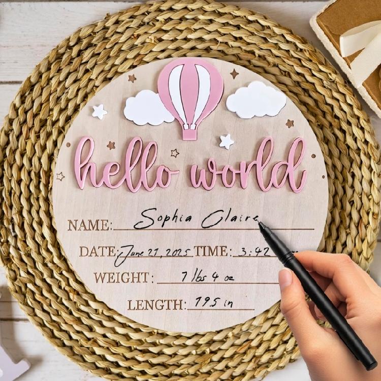 Anpassbare Neugeborenen Erinnerungsplakette Hallo Welt Baby Willkommensschild Kinderzimmer Wanddekorationen zur Geburtsanzeige