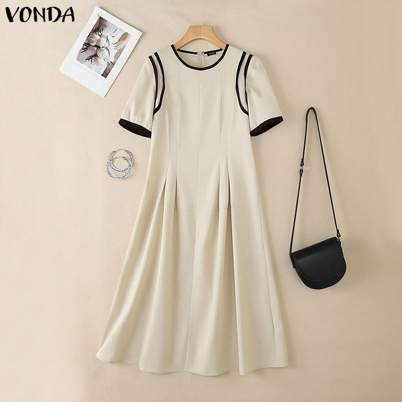 VONDA Women Summer Casual O-Neck Short Sleeve Stitching Dress Sundress