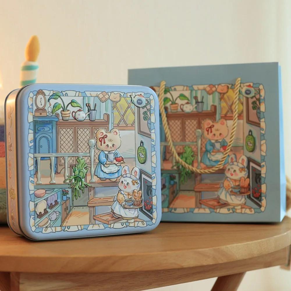 Langlebige Cartoon-Hase Eisenbox Mehrfarbige Quadratische Kuchenverpackungsbox mit Deckel 17*17*6cm Süßigkeitenbox Geldaufbewahrung
