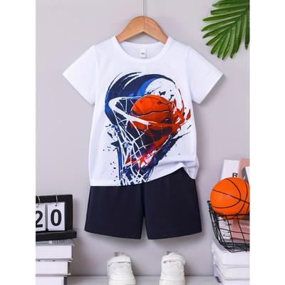 2pcs Boys' Summer Casual Basketball Print Crew Neck T-Shirt and Shorts Set Regular Fit Short Sleeve Pullover with Matching Shorts