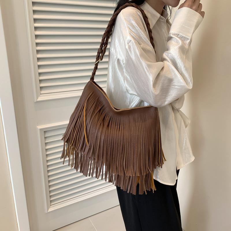 Casual Tassel Design Pu Shoulder Bags for Women Vintage Solid Color Ladies Crossbody Tote Bag Large Capacity Female Handbags