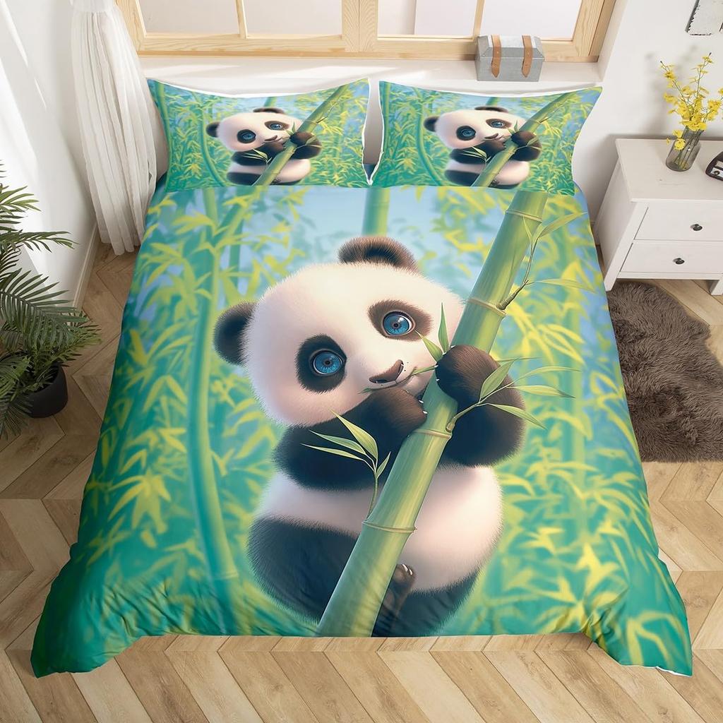 Panda Duvet Cover Cute Cartoon Animal Bedding Set Green Bamboo Print Comforter Cover Lovely Wild Animal Panda Bedspread Cover