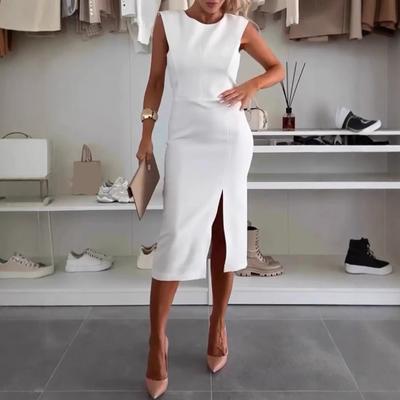 Women Dress Round Neck Sleeveless Slim Fit Summer Dress with Slit Design Solid Color Midi Dress Daily Wear