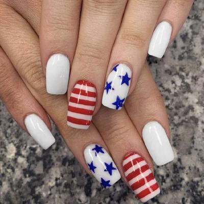Unghia Finta Quadrata French Tip Unghia a Pressione Copertura Totale Unghia Finta Giorno dell'Indipendenza Unghia da Incollare Unghia Finta Patriottica