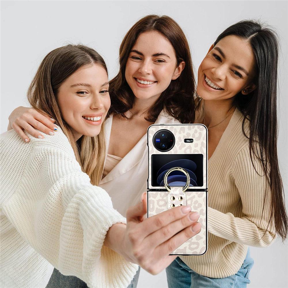 For Vivo X Flip Fashion Ultra-Thin Cover Leopard Print Leather Case For VIVO X Flip Ring Holder Rhombic Back Coque