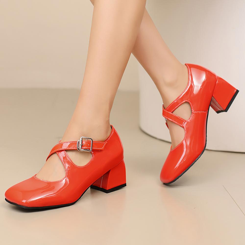 White Women Pumps Square Toe Non-slip Buckle Strap High Block Heel Plus size 45 48