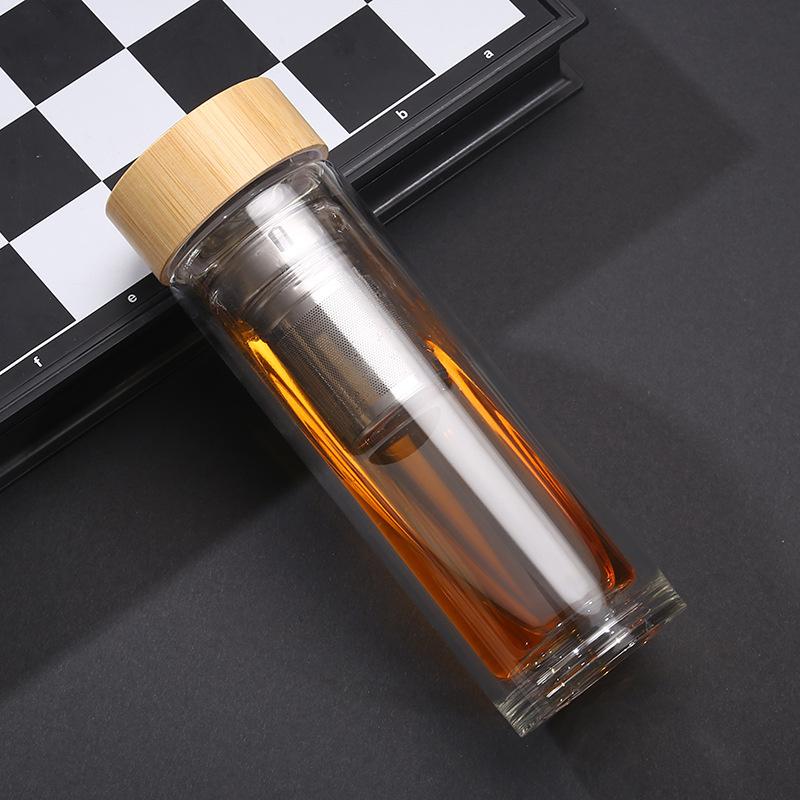450ml 500ml Travel Glass Water Bottle with Stainless Steel Tea Infuser Filter Double Wall Glass Bottle Tumbler Bamboo Lid
