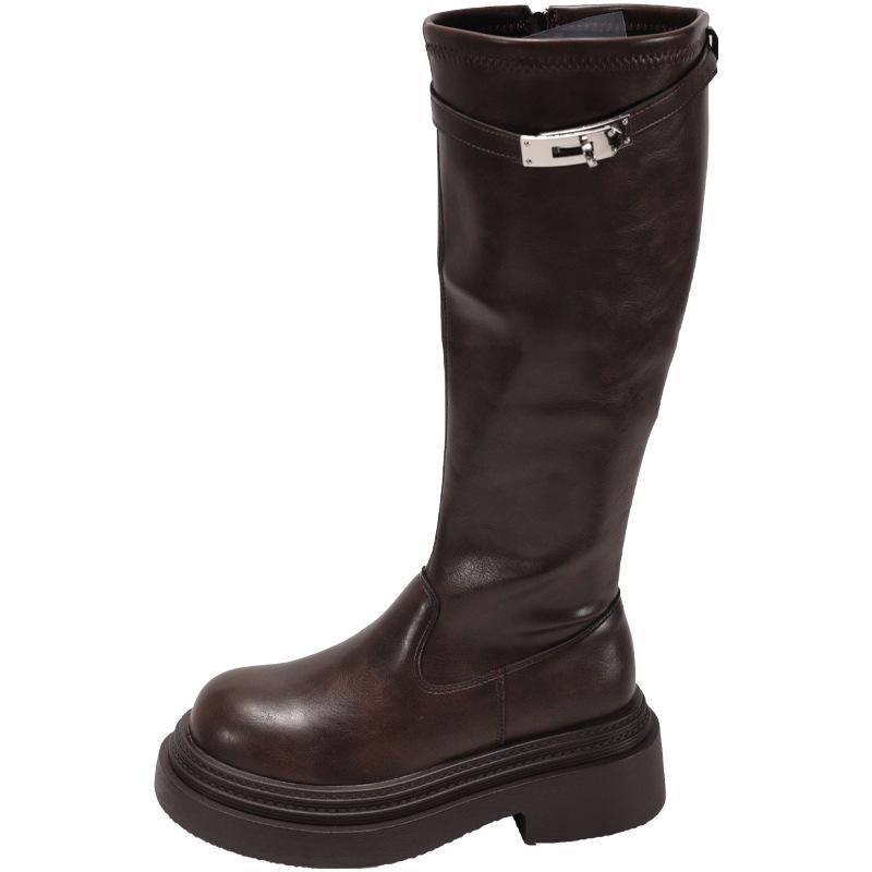 British style lock short boots women's autumn and winter fashion boots half boots heightening leather boots Martin boots thick heel medium boots