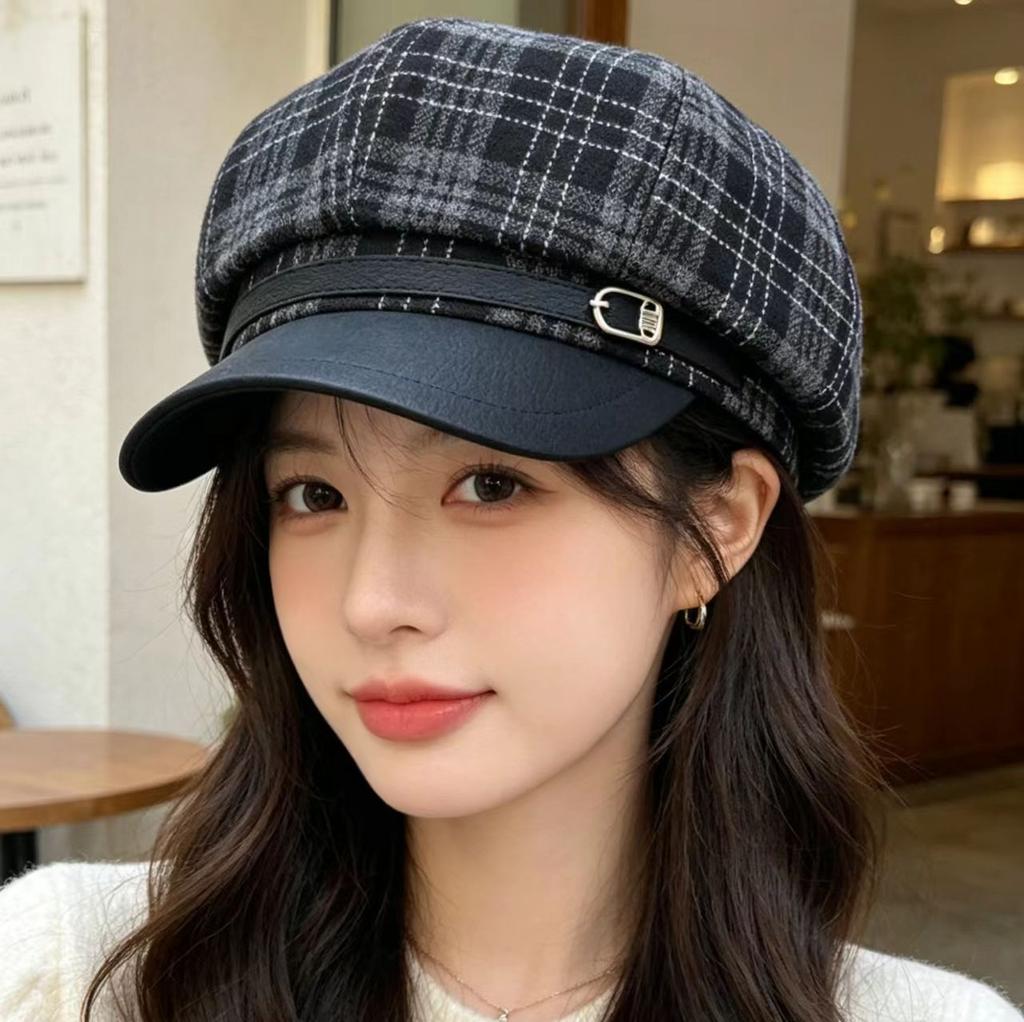 Big head circumference beret women's new spring and autumn octagonal cloud hat showing face little British temperament newsboy hat