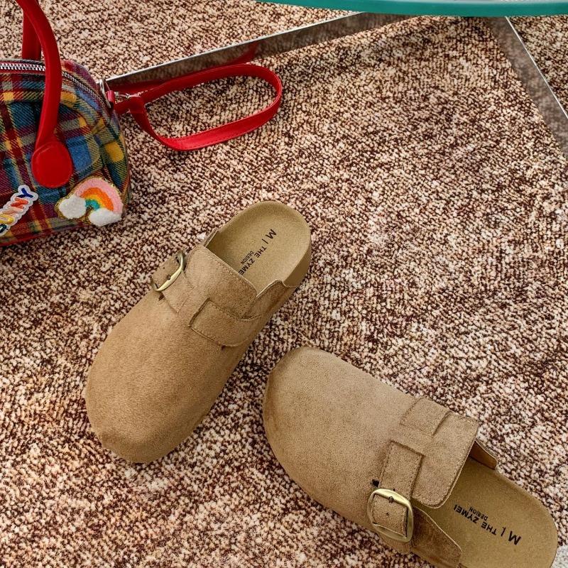Leather thick-bottomed cool slippers spring and summer new retro casual flat-bottomed bag head half slippers women