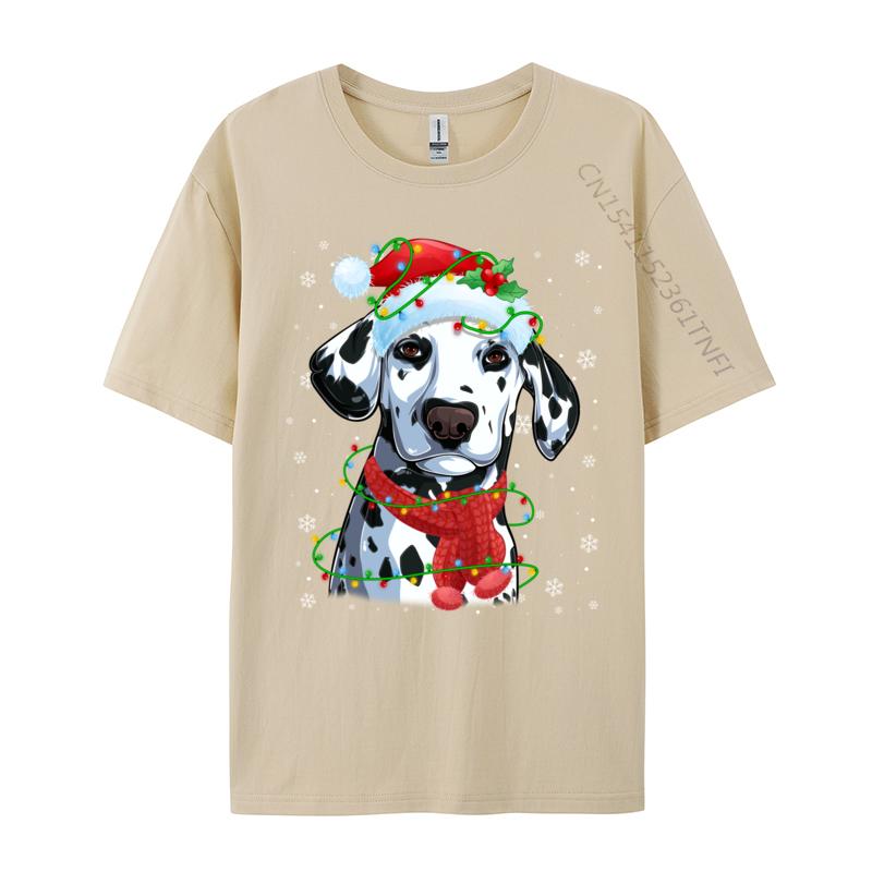 Christmas Lights Dalmatian Dog Santa Hat Scarf T-Shirts Dog Lovers T-Shirts Simple Style Top Quality Mens Tees
