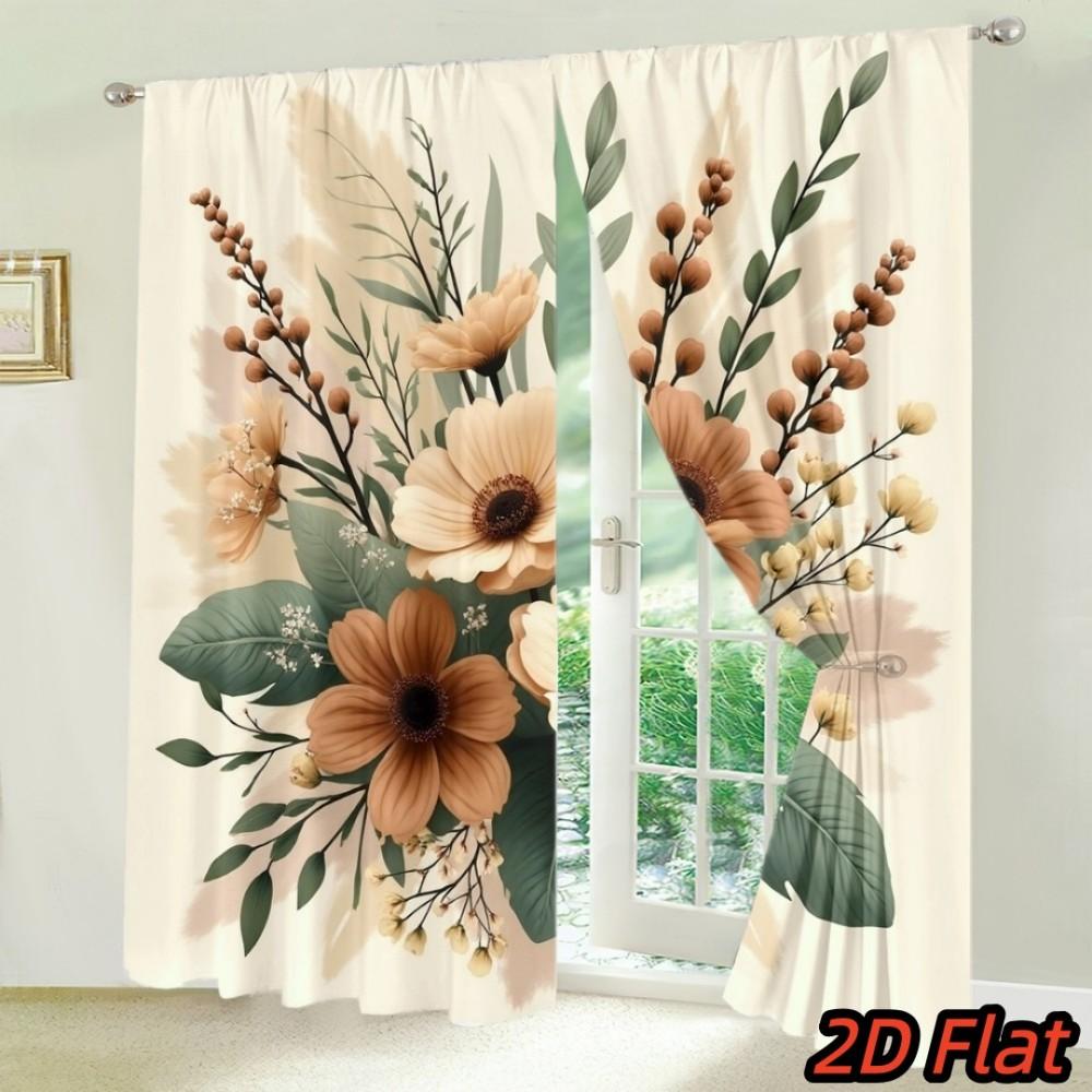 2PCS Floral Curtains, Brown Flower Green Leaf, Digital Print, Bedroom Living Room, Office, Bathroom, Holiday Decoration