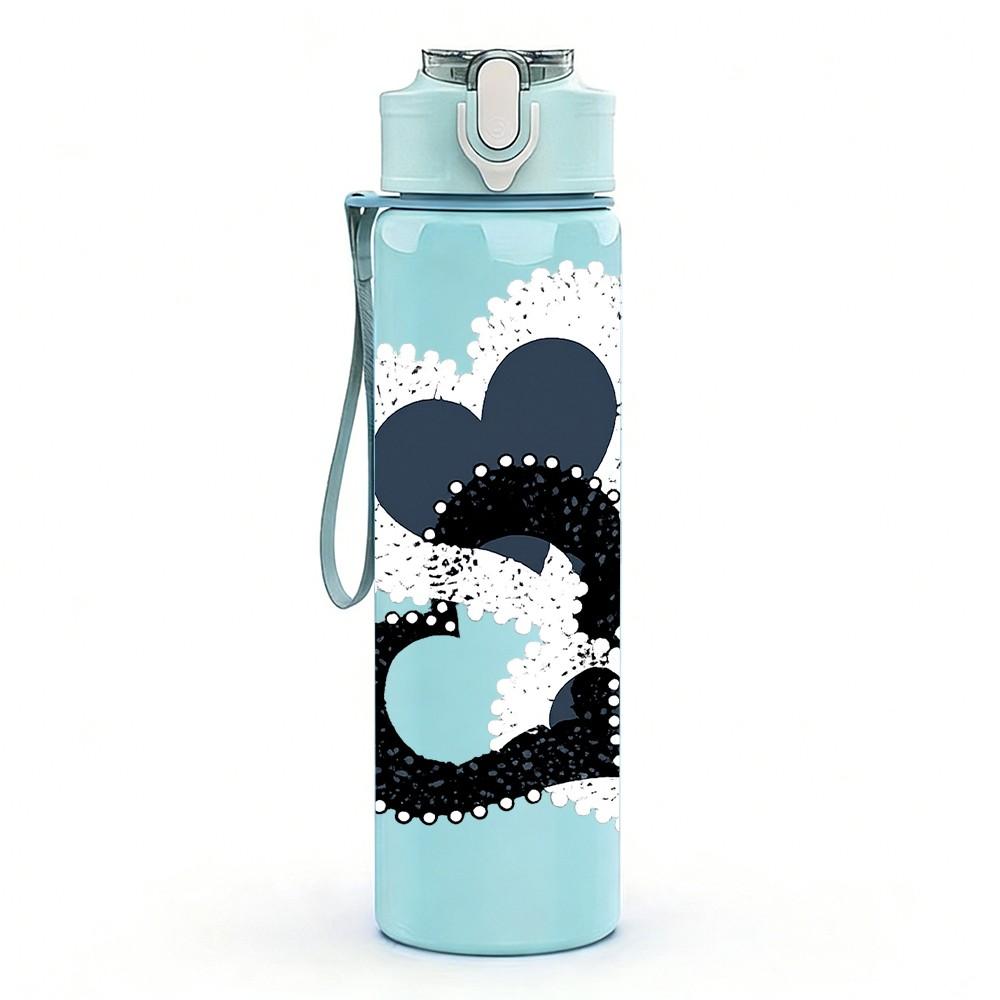 1PC Swirly Intertwined Black Heart Print 750ml Color Plastic Sports Water Bottle Leakproof Flip Straw Lid Suitable for Sports Office Home Use