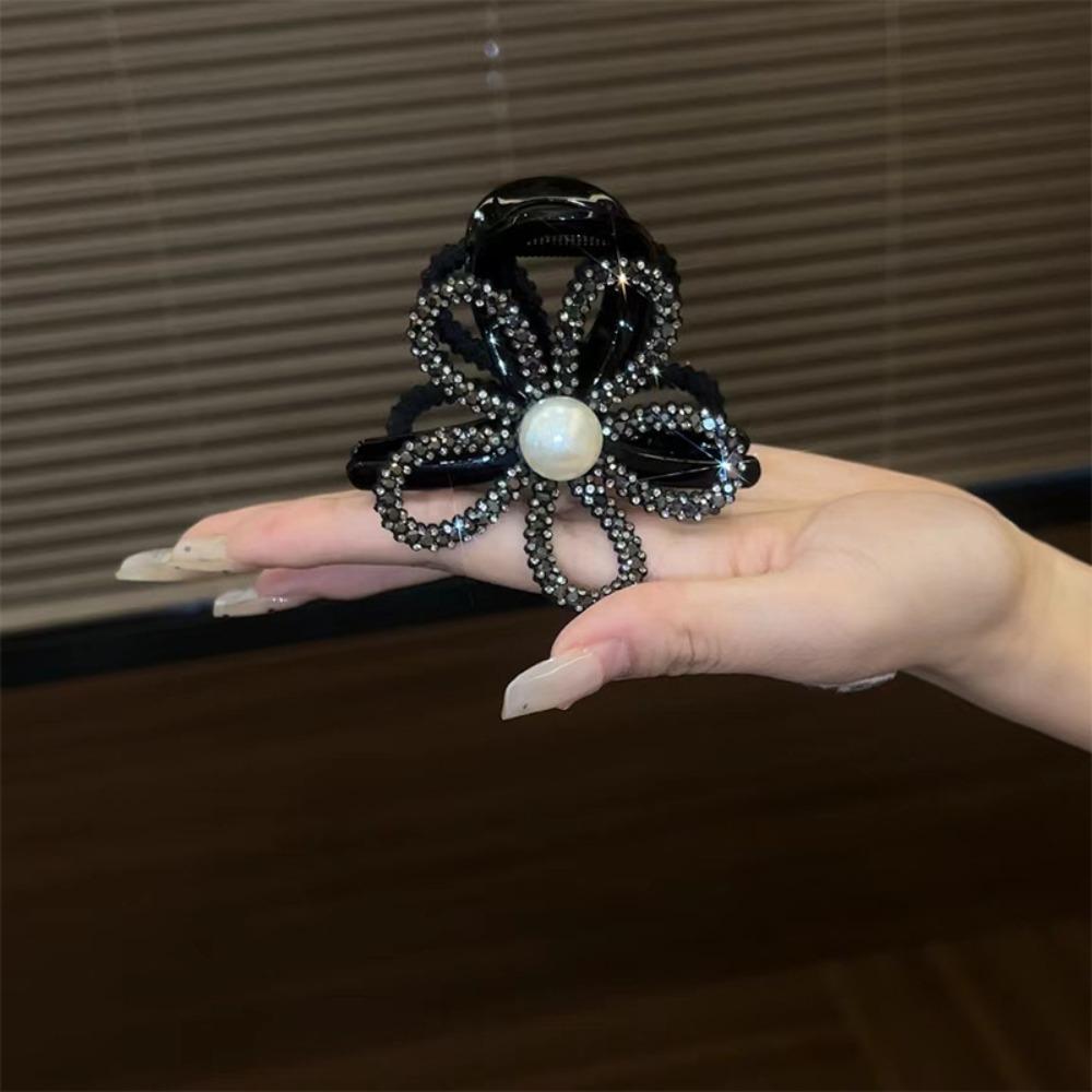 Korean Style Flower Pearls Shark Clip  Shiny Hair Claw Rhinestone Shark Clip  Headwear