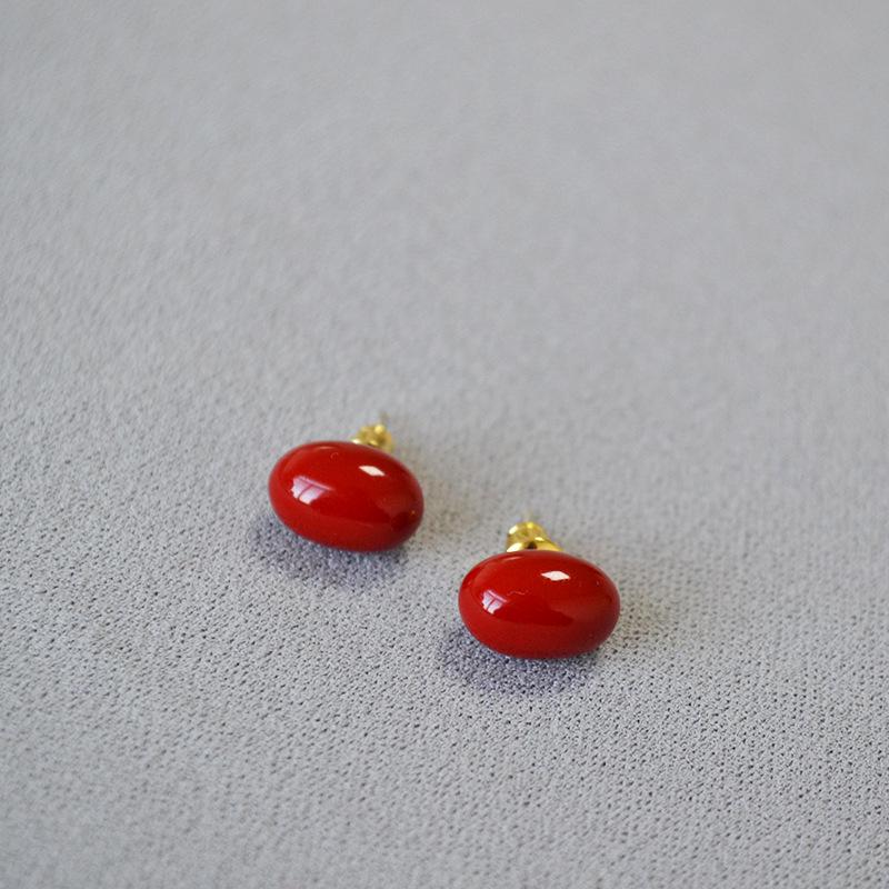 Japanese & Korean Retro Wine Red Enamel Acacia Bean 925 Silver Earrings for Women