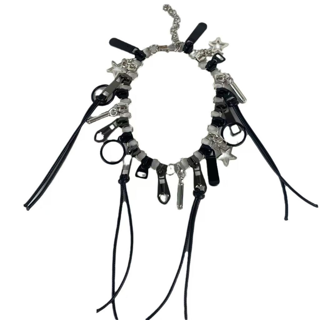 Cyber Punk Zipper Necklace Fringe Chain Head Y2k Hip Hop Choker Men's Women's Fashion Personality Jewelry Accessories