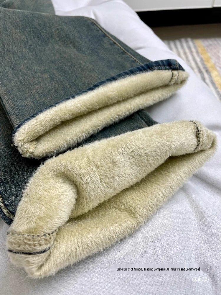 Women's Winter Retro Blue Fleece-Lined High-Waist Straight Leg Jeans - Plus Size, Hip-Covering Versatile Design