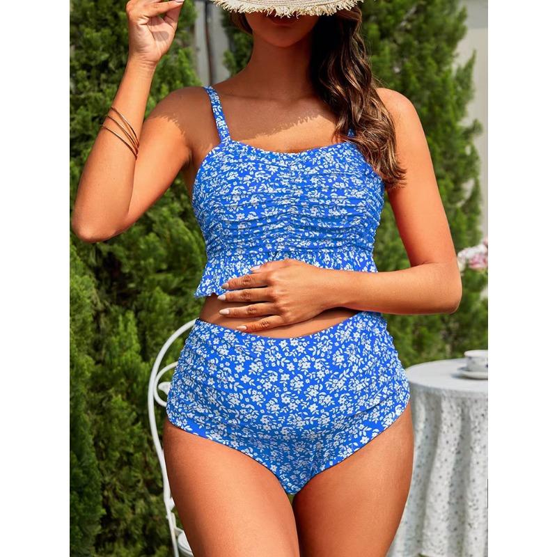 European and American Pregnant Women with Split Floral Leopard Print Lotus Leaf Edge Swimsuit Covering Belly Loose Support Pregnant Women Friendly