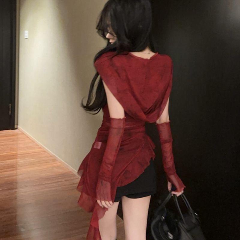 2KWEIRD Streetwear 90s Grunge Mesh See Through Hooded Tops Cyber Y2K Irregular Hem Ruffles Hoodie Women Slim Blouse with Cuffs