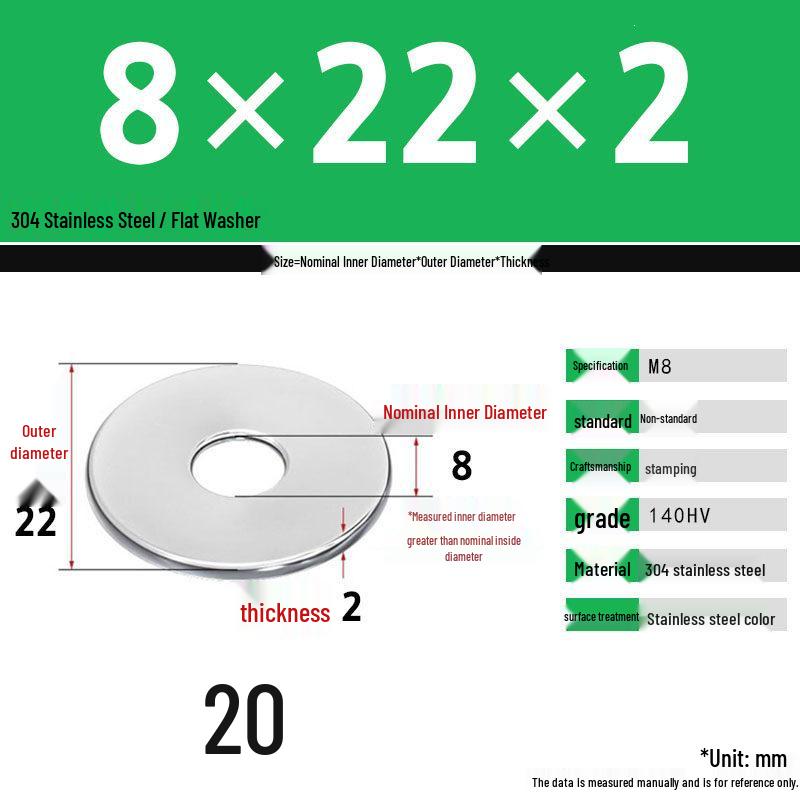 304 Stainless Steel Thickened Flat Washer Set, Sizes 2-36