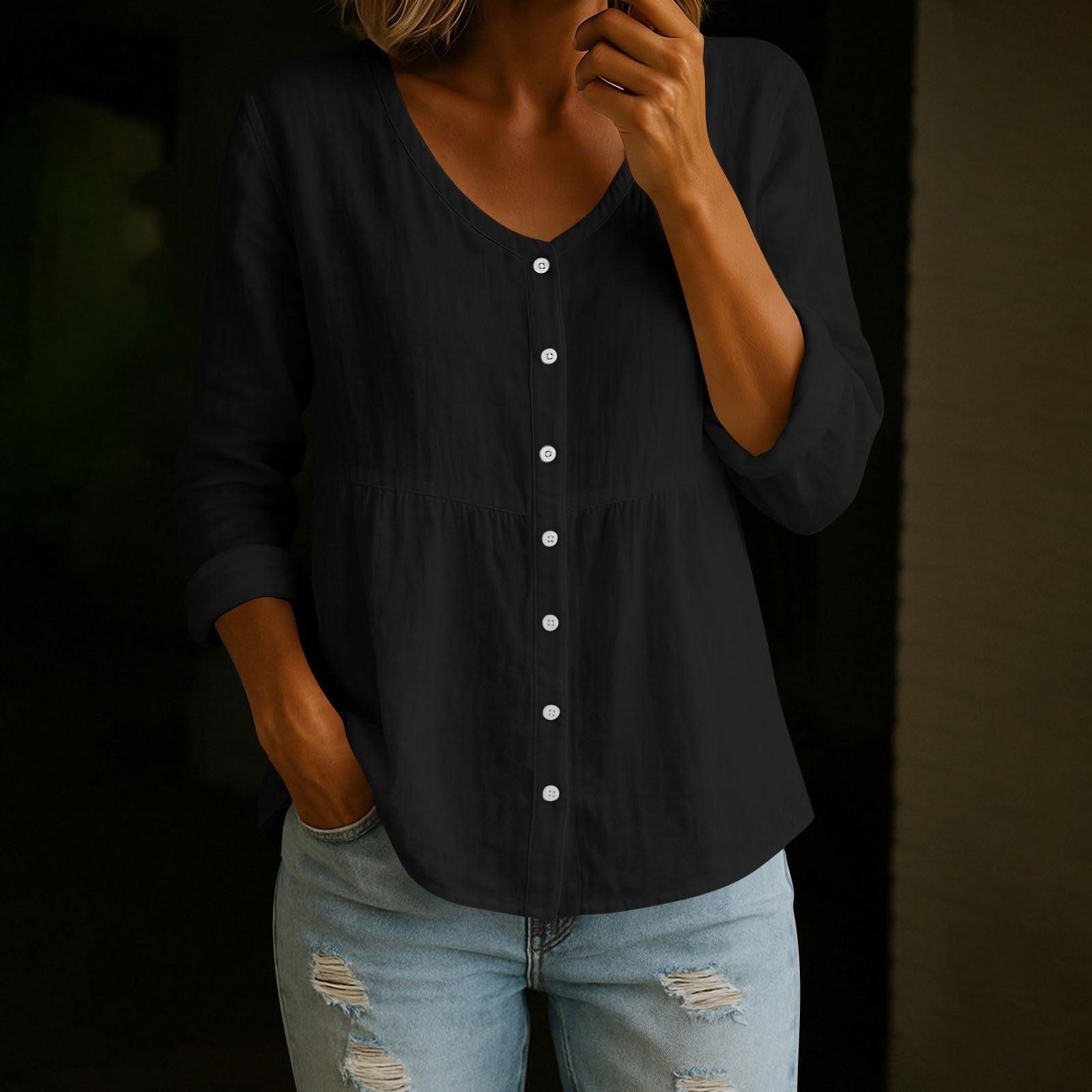 

Women’s Long Sleeve V Neck Button Down Blouse Casual Loose Fit Lightweight Tunic Top for Daily Wear Office School M чёрный