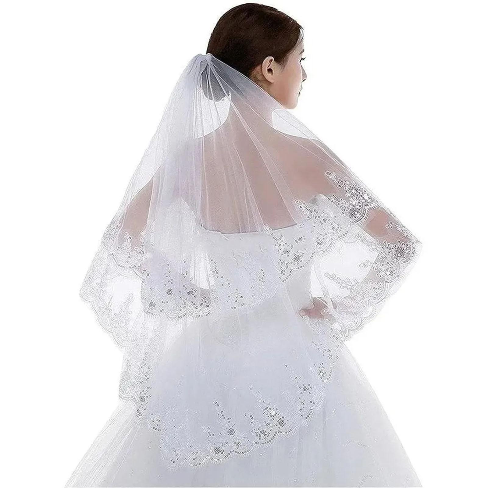 

Женская двухъярусная кружевная тюлевая свадебная фата Изысканная элегантная блестящая фата невесты с пайетками и гребнем Белая белый